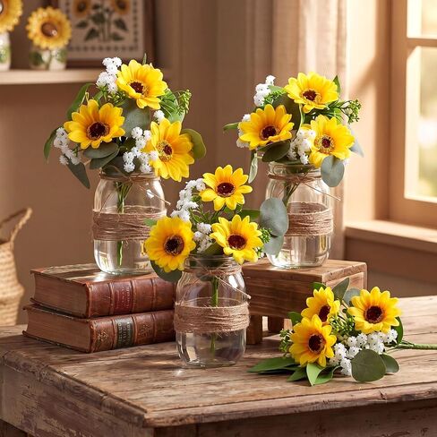 12 Sets Sunflower Mason Jar Table Centerpiece Mason Jar Vases with Rope Fake Plant Eucalyptus Flower Faux Floral Table Decorations for Reception Engagement Party Bridal Shower Wedding in Saudi Arabia