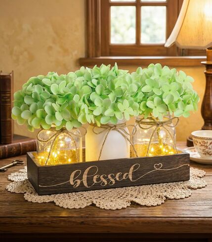 Farmhouse Mason Jar Table Centerpiece with White Hydrangea Flowers, Lighted Artificial Floral Arrangement with Wood Tray, Rustic Table Decor for Kitchen Coffee Table Living Room Home in Saudi Arabia