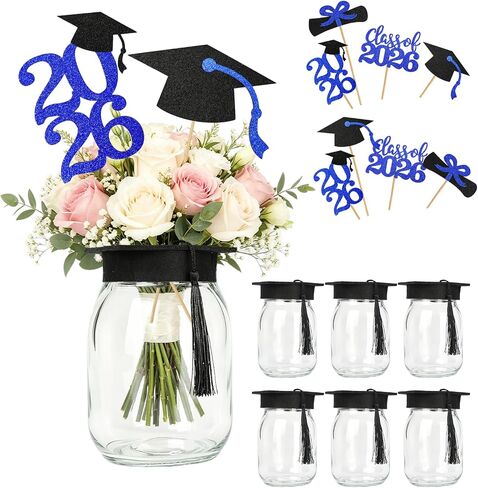 6 Sets 2026 Graduation Centerpieces for Tables,Mason Jars Centerpieces with Cake Topper and Grad Cap,College Graduation Table Decorations, Congrats Grad Party Decor Supplies (Black and Gold) in Saudi Arabia