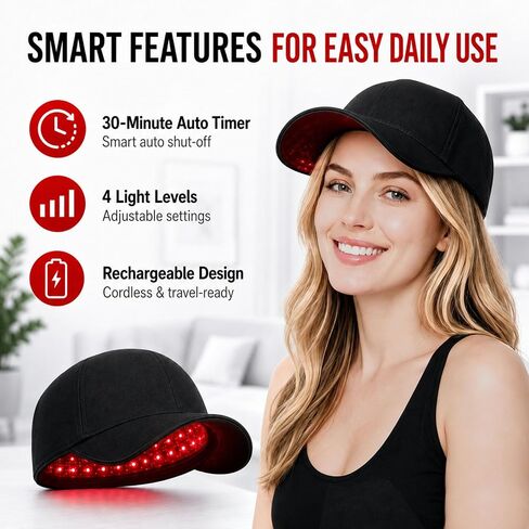 Laser Hair Growth Cap, FDA Cleared 650nm LLLT Red Light Therapy – Alternative for Targeted Hairline & Thinning Crown, Scalp Care Device, Rechargeable for Men & Women - Black in Saudi Arabia