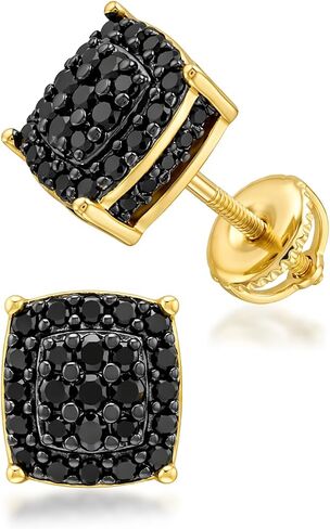 Black Cubic Zirconia Gold Stud Earrings for Men - 14K Gold-Plated CZ Halo Cluster Square Stud Earring | Screw Back Mens Earrings | Hip Hop Statement Jewelry 7.5MM in Saudi Arabia