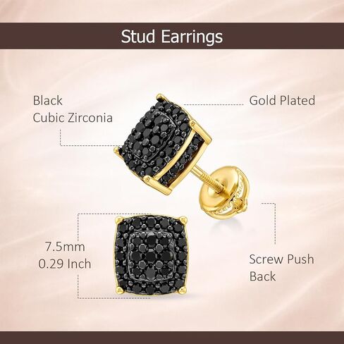 Black Cubic Zirconia Gold Stud Earrings for Men - 14K Gold-Plated CZ Halo Cluster Square Stud Earring | Screw Back Mens Earrings | Hip Hop Statement Jewelry 7.5MM in Saudi Arabia