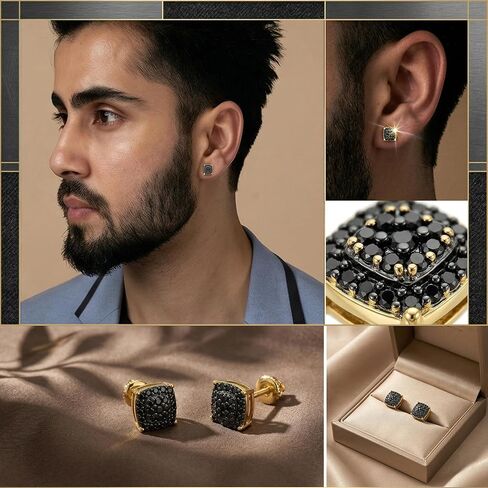 Black Cubic Zirconia Gold Stud Earrings for Men - 14K Gold-Plated CZ Halo Cluster Square Stud Earring | Screw Back Mens Earrings | Hip Hop Statement Jewelry 7.5MM in Saudi Arabia
