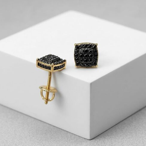 Black Cubic Zirconia Gold Stud Earrings for Men - 14K Gold-Plated CZ Halo Cluster Square Stud Earring | Screw Back Mens Earrings | Hip Hop Statement Jewelry 7.5MM in Saudi Arabia