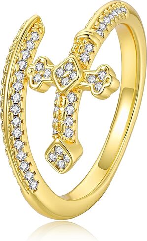 Gold Rings for Women Non Tarnish, 18K Gold Plated Trendy Stackable Cross Gold Rings, Adjustable Open Statement Rings with Cubic Zirconia in Saudi Arabia