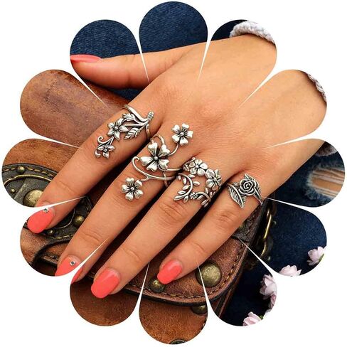 Vintage Boho Flower Ring Set for Women - 4Pcs Silver Tone Floral Leaf Stackable Rings, Bohemian Jewelry for Dress and Daily Wear in Saudi Arabia
