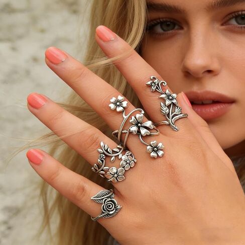 Vintage Boho Flower Ring Set for Women - 4Pcs Silver Tone Floral Leaf Stackable Rings, Bohemian Jewelry for Dress and Daily Wear in Saudi Arabia
