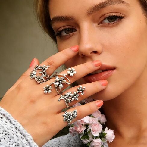 Vintage Boho Flower Ring Set for Women - 4Pcs Silver Tone Floral Leaf Stackable Rings, Bohemian Jewelry for Dress and Daily Wear in Saudi Arabia