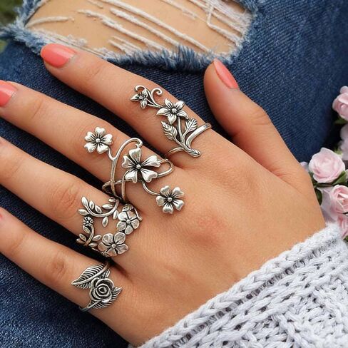 Vintage Boho Flower Ring Set for Women - 4Pcs Silver Tone Floral Leaf Stackable Rings, Bohemian Jewelry for Dress and Daily Wear in Saudi Arabia