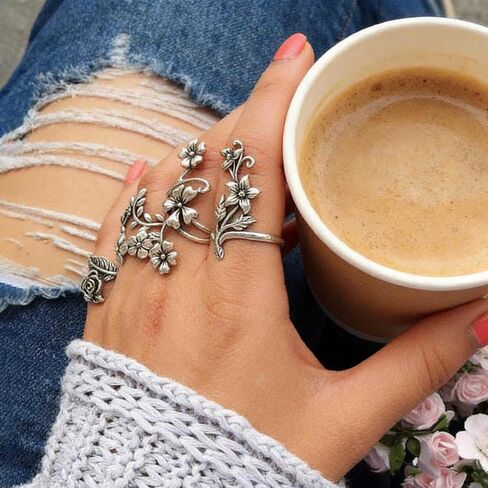 Vintage Boho Flower Ring Set for Women - 4Pcs Silver Tone Floral Leaf Stackable Rings, Bohemian Jewelry for Dress and Daily Wear in Saudi Arabia
