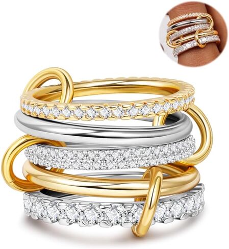 18K Gold Plated Stackable Rings for Women CZ Mixed Metal Statement Rings Set Non Tarnish Interlocked Stacked Ring Unique Connected Band Thumb Ring Fashion Multi-layer Wedding Ring Jewelry Size 6-10 in Saudi Arabia