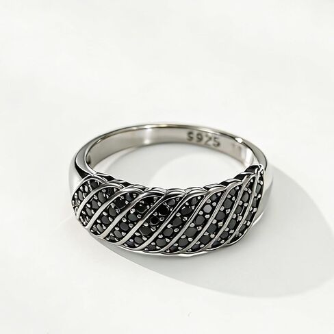 all black Statement rings for women, Sterling Silver with Black Zircons, Wavy Vintage Wide Band, Size 6-10 in Saudi Arabia