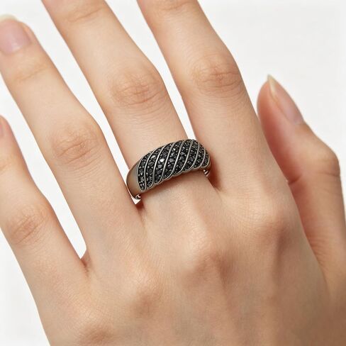 all black Statement rings for women, Sterling Silver with Black Zircons, Wavy Vintage Wide Band, Size 6-10 in Saudi Arabia
