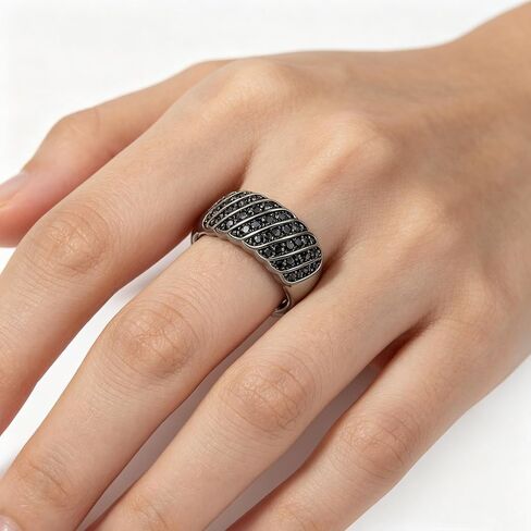 all black Statement rings for women, Sterling Silver with Black Zircons, Wavy Vintage Wide Band, Size 6-10 in Saudi Arabia