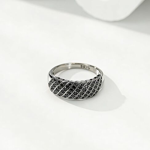 all black Statement rings for women, Sterling Silver with Black Zircons, Wavy Vintage Wide Band, Size 6-10 in Saudi Arabia
