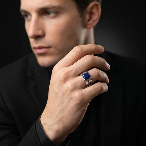Natural Lapis Lazuli Ring Mens 925 Sterling Silver Handmade Gemstone Mens Jewelry Vintage Birthstone Mens Ring Gift for Him Statement Jewelry in Kuwait