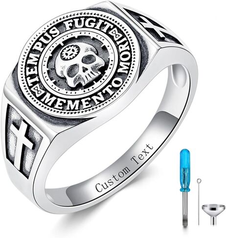 PROESS Memento Mori Urn Ring للرماد 925 الفضة الاسترليني خاتم حرق الجمجمة تذكار موري مجوهرات هدايا للنساء والرجال لعيد الميلاد عيد الأب حجم شخصي 8-11 in Kuwait