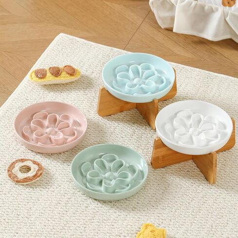 Elevated Slow Feeder Cat Bowl - Ceramic Cat Food Dish with Metal Stand, Anti-Slip - Pastel Series Slow Feeding Plate - 7 OZ - Ivory White in Saudi Arabia