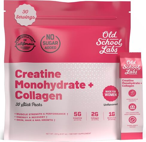 Old School Labs Creatine for Women – Post-Workout Supplement with 5000mg Creatine Monohydrate Powder, 2000mg Collagen & BCAA 2:1:1 for Strength Support & Recovery – Unflavored - 1 Ounce (Pack of 30) in Saudi Arabia