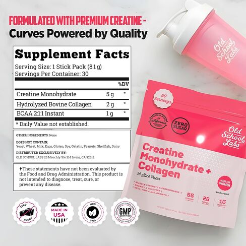 Old School Labs Creatine for Women – Post-Workout Supplement with 5000mg Creatine Monohydrate Powder, 2000mg Collagen & BCAA 2:1:1 for Strength Support & Recovery – Unflavored - 1 Ounce (Pack of 30) in Saudi Arabia