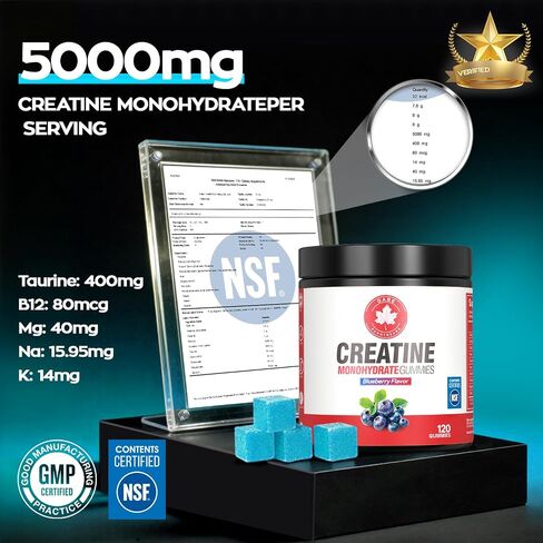 علكات الكرياتين مونوهيدرات 5000 مجم، مكمل كرياتين معتمد من NSF للرجال والنساء، مضغ قبل التمرين لنمو العضلات والقوة والطاقة، نباتي، نكهة التوت الأزرق، 120 قطعة in Kuwait
