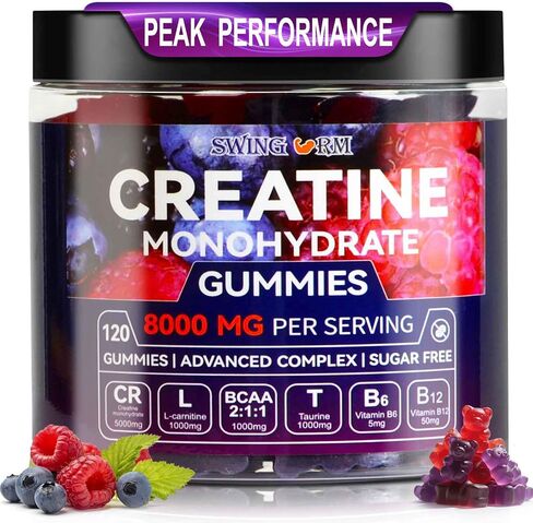 Swing Arm Creatine Monohydrate Gummies 8000 mg for Men & Women, 120 Creatine Gummies for Muscle Growth, Strength & Recovery, Sugar Free Pre-Workout Supplement - Raspberry & Blueberry Flavor in Saudi Arabia