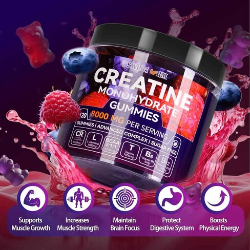 Swing Arm Creatine Monohydrate Gummies 8000 mg for Men & Women, 120 Creatine Gummies for Muscle Growth, Strength & Recovery, Sugar Free Pre-Workout Supplement - Raspberry & Blueberry Flavor in Saudi Arabia