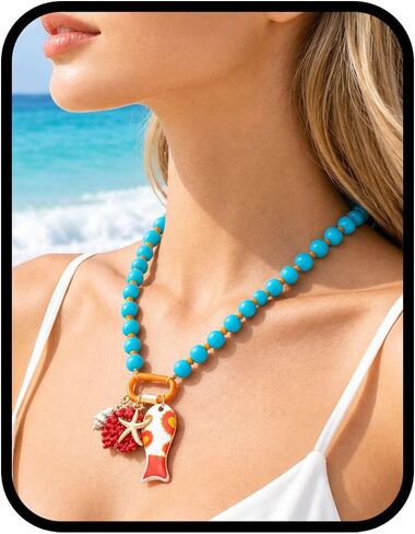 Colorful Beaded Necklace for Women, Chunky Paperclip Chain Ocean Starfish Fish Shell Charm Pendant Y2K Boho Cute Beach Statement Jewelry Gift in Saudi Arabia