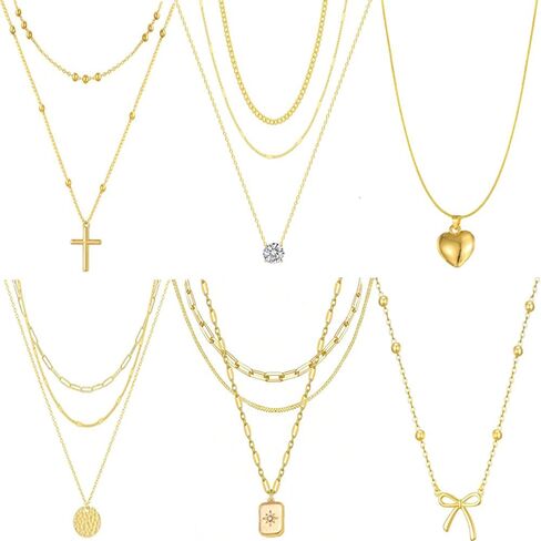 Gold Necklaces Set for Women Gold Plated Dainty Bow Disc Zirconia Heart Cross Square Layered Pendant Necklace Set for Women Trendy Jewelry Gift in Saudi Arabia