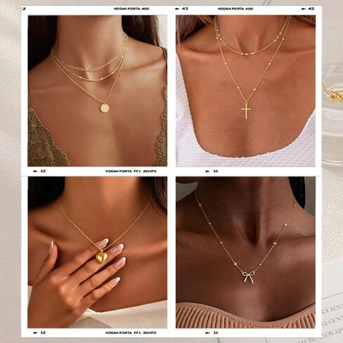 Gold Necklaces Set for Women Gold Plated Dainty Bow Disc Zirconia Heart Cross Square Layered Pendant Necklace Set for Women Trendy Jewelry Gift in Saudi Arabia