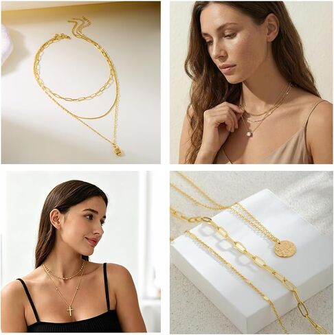 Gold Necklaces Set for Women Gold Plated Dainty Bow Disc Zirconia Heart Cross Square Layered Pendant Necklace Set for Women Trendy Jewelry Gift in Saudi Arabia