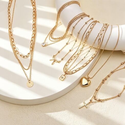 Gold Necklaces Set for Women Gold Plated Dainty Bow Disc Zirconia Heart Cross Square Layered Pendant Necklace Set for Women Trendy Jewelry Gift in Saudi Arabia