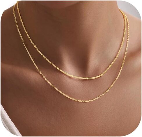 Turandoss Gold Layered Necklaces for Women - Dainty 14K Gold Plated Chain Necklace Stack Cuban Link Chain Necklace Personalized Lip Satellite Flat Curb Link Necklaces for Women Trendy Set in Saudi Arabia