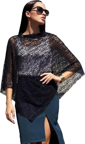 Cuffbow Women Lace Poncho Shrug Lightweight Cape Long Poncho Shrug Summer Sheer Cover-up Top Bolero Shawl for Evening Dress Black in Saudi Arabia