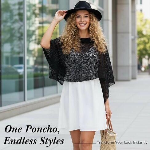 Cuffbow Women Lace Poncho Shrug Lightweight Cape Long Poncho Shrug Summer Sheer Cover-up Top Bolero Shawl for Evening Dress Black in Saudi Arabia