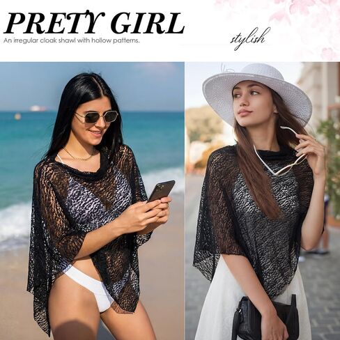 Cuffbow Women Lace Poncho Shrug Lightweight Cape Long Poncho Shrug Summer Sheer Cover-up Top Bolero Shawl for Evening Dress Black in Saudi Arabia