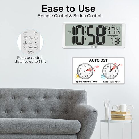 XREXS Digital Wall Clock with Backlight (Not Constantly Illuminated), 14.17 Inch Large Wall Clock with Remote Control, Count Down Timer, Battery Operated Digital Clock with Temperature, Date&Week in Saudi Arabia
