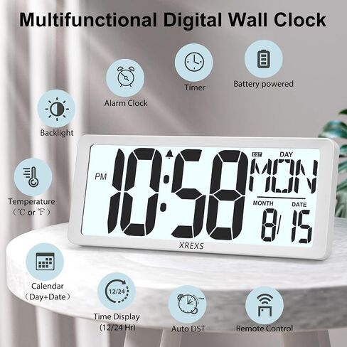 XREXS Digital Wall Clock with Backlight (Not Constantly Illuminated), 14.17 Inch Large Wall Clock with Remote Control, Count Down Timer, Battery Operated Digital Clock with Temperature, Date&Week in Saudi Arabia