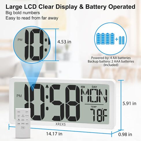 XREXS Digital Wall Clock with Backlight (Not Constantly Illuminated), 14.17 Inch Large Wall Clock with Remote Control, Count Down Timer, Battery Operated Digital Clock with Temperature, Date&Week in Saudi Arabia