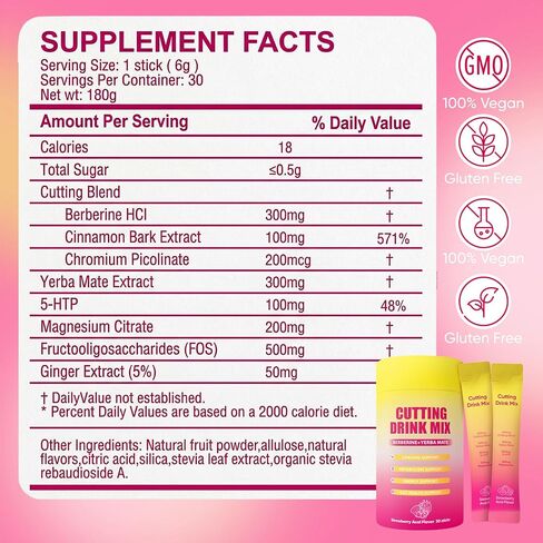 Cutting Drink Mix – Supports Satiety, Energy & Gut Health | Great-Tasting Blend with Berberine, Chromium, Yerba Mate & Magnesium, Strawberry Acai Flavor – 30 Sticks (1) in Saudi Arabia