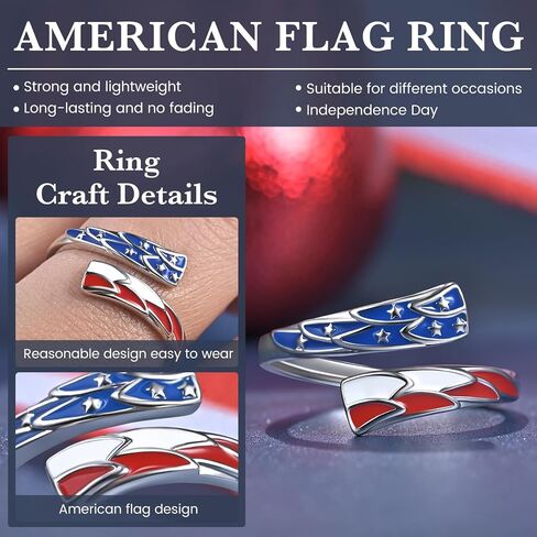 YLT Sterling Silver Plated 250th Anniversary American Flag Ring Patriotic Star Adjustment Ring 4th of July Independence Day Jewelry Gift for Women in Saudi Arabia