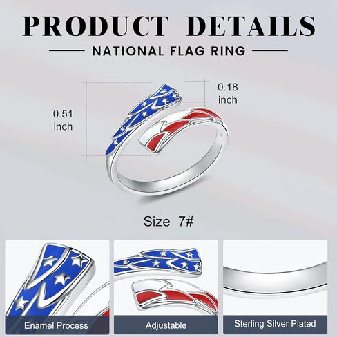 YLT Sterling Silver Plated 250th Anniversary American Flag Ring Patriotic Star Adjustment Ring 4th of July Independence Day Jewelry Gift for Women in Saudi Arabia