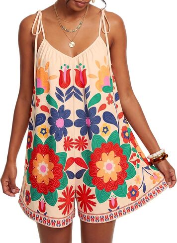 LYANER Women's Floral Tie Shoulder V Neck Backless Wide Leg Boho Vacation Romper Jumpsuits in Kuwait