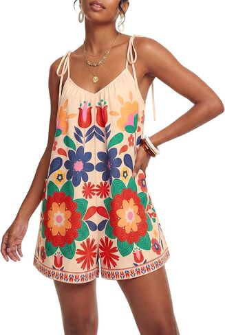LYANER Women's Floral Tie Shoulder V Neck Backless Wide Leg Boho Vacation Romper Jumpsuits in Kuwait