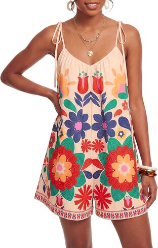 LYANER Women's Floral Tie Shoulder V Neck Backless Wide Leg Boho Vacation Romper Jumpsuits in Kuwait