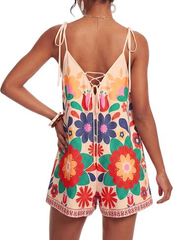 LYANER Women's Floral Tie Shoulder V Neck Backless Wide Leg Boho Vacation Romper Jumpsuits in Kuwait