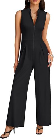LYANER Women's Ribbed Zipper V Neck Sleeveless Wide Leg Casual Long Pants Romper Jumpsuits in Kuwait