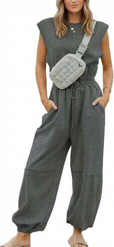 COCCKO Womens Casual Jumpsuit Crewneck Cap Sleeve Long Wide Leg Pants One Piece Outfits Drawstring Romper with Pockets in Kuwait