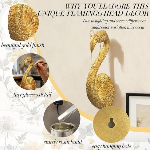 Juedawyal Gold Animal Heads for Wall - 8" Whimsical Flamingo Resin Animal Wall Decor with Gold Glasses & Chain - Quirky Tropical Bust for Bathroom, Nursery & Bedroom - Unique Art Deco Sculpture Gift in Saudi Arabia