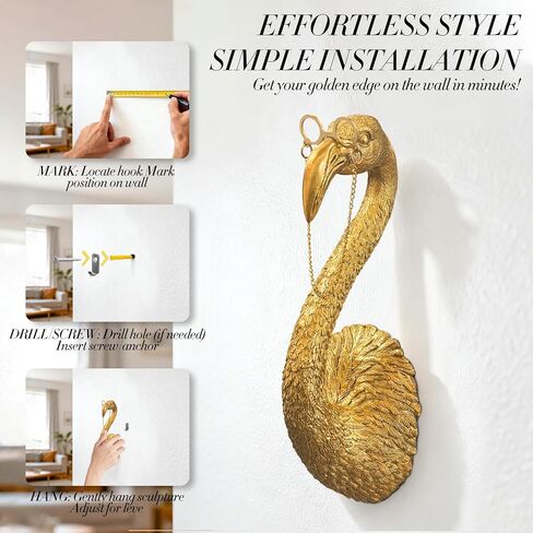 Juedawyal Gold Animal Heads for Wall - 8" Whimsical Flamingo Resin Animal Wall Decor with Gold Glasses & Chain - Quirky Tropical Bust for Bathroom, Nursery & Bedroom - Unique Art Deco Sculpture Gift in Saudi Arabia